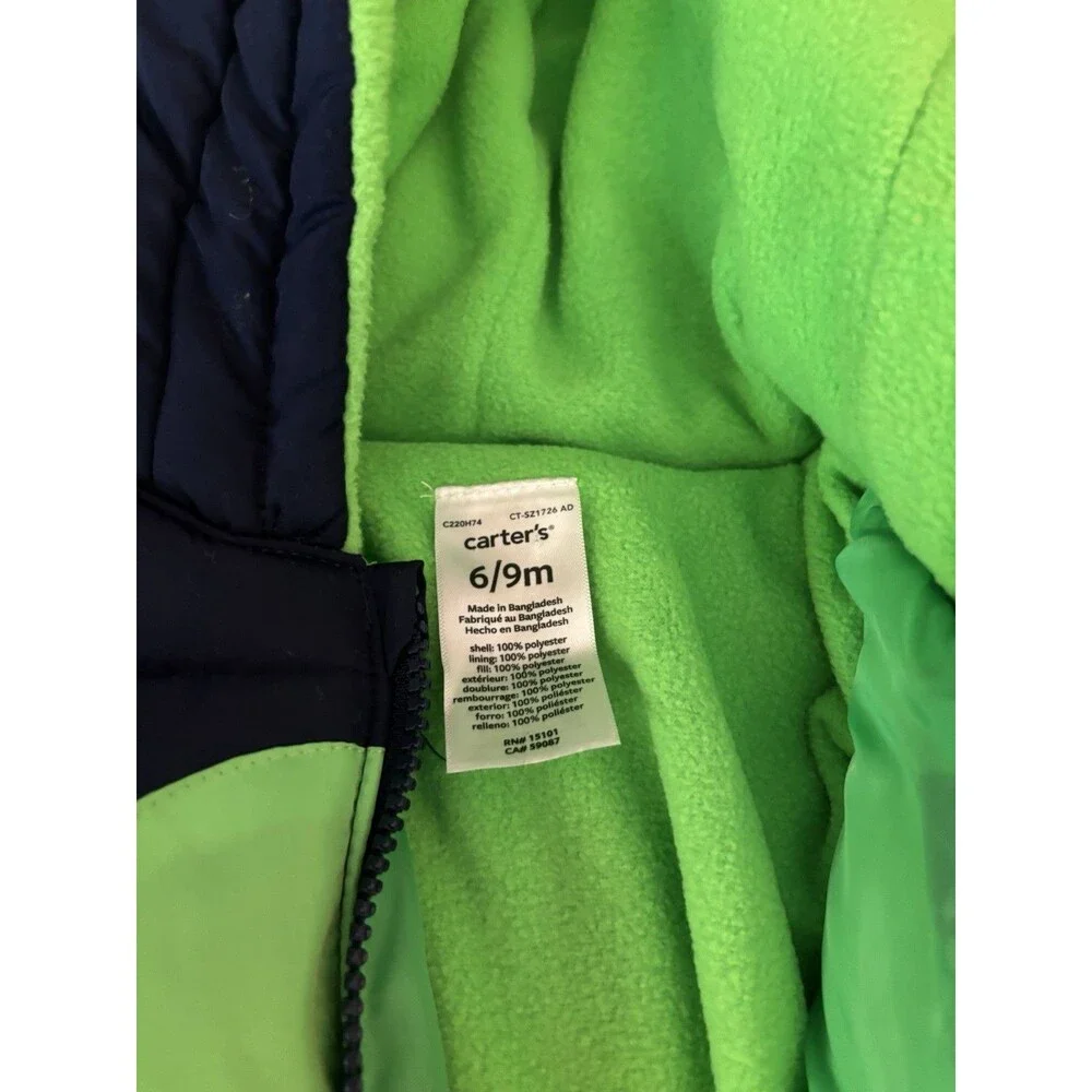 Carters 6-9 Months Dinosaur Snowsuit New Navy And Green One Piece Hood NEW